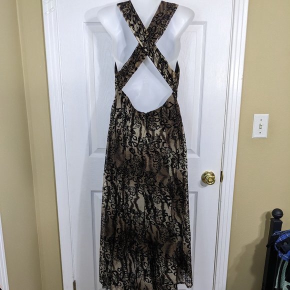 Frank Lyman Design Black/Tan/Bronze Halter Criss-Cross Back Butterfly Dress - 10 - Picture 6 of 12